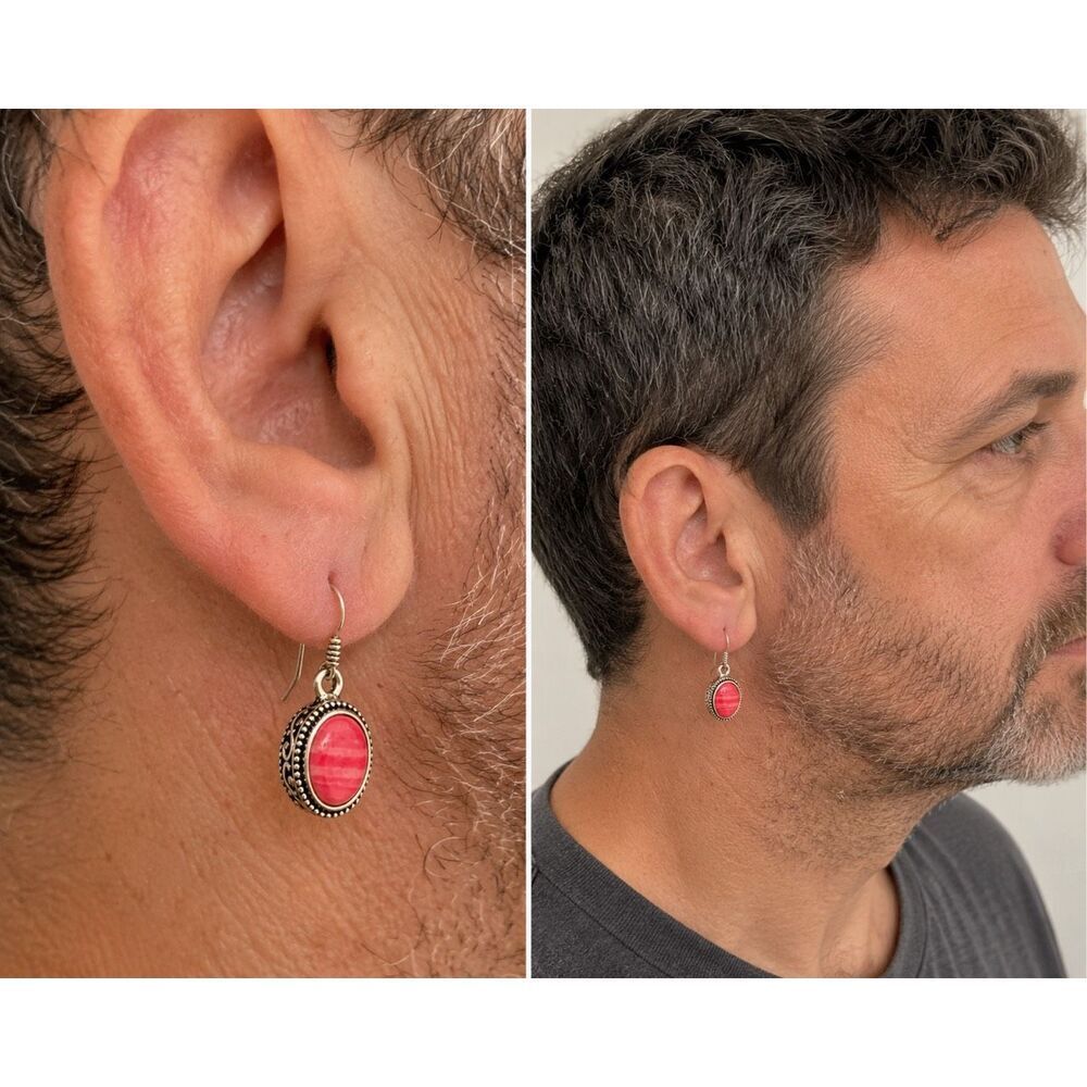 Balinese Style Coral Red Stone Drop Earrings Dark Silver Tone